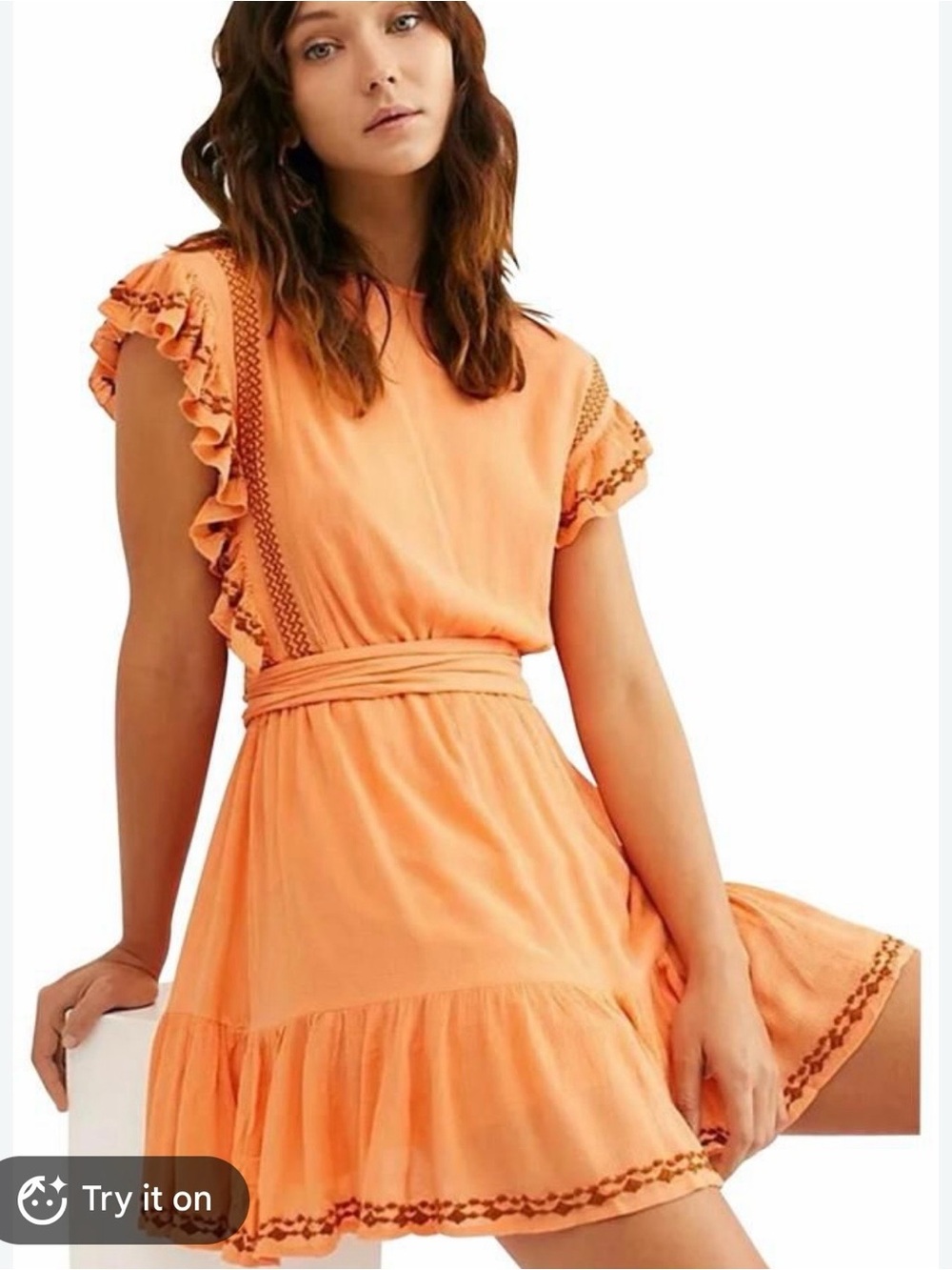 Free People Orange Embroidered Boho Ruffle Mini Dress